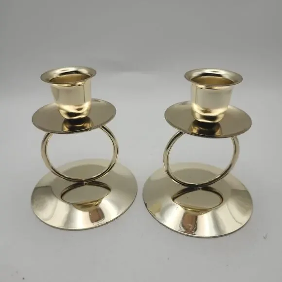 Gold Tone Metal Ring Taper Candle Holders Pair Modern Minimalist Round Base - Picture 4 of 8
